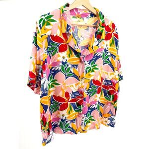 April Kiss Multicolor Rayon Linen Tropical Floral Vacation Button Down Shirt